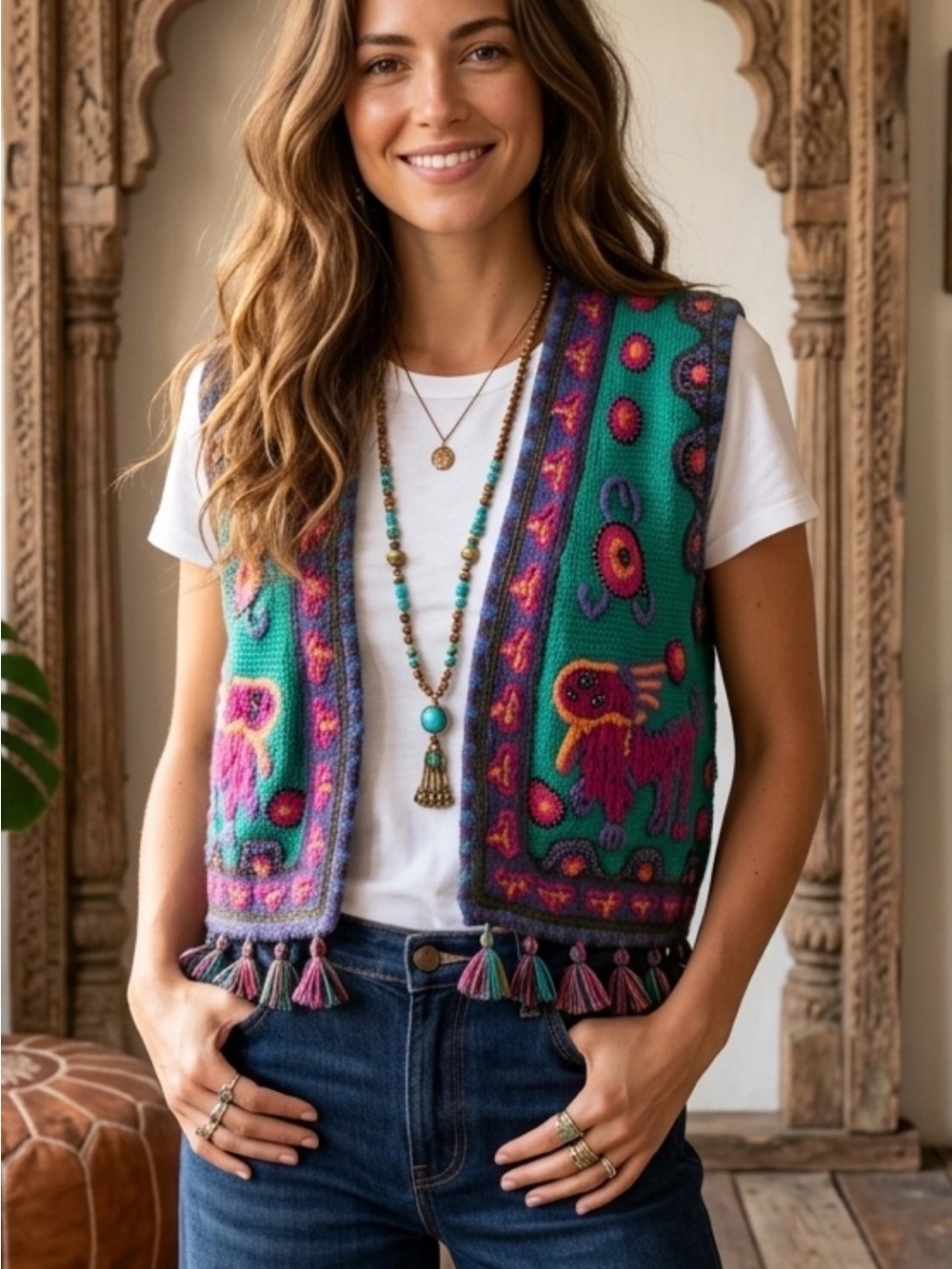Embroidered Teal & Purple Boho Tassel Vest